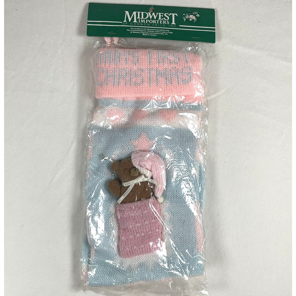 Midwest Import Cannon Falls Baby's 1st Christmas Stocking Knit Bear Pink Blue - Picture 1 of 6
